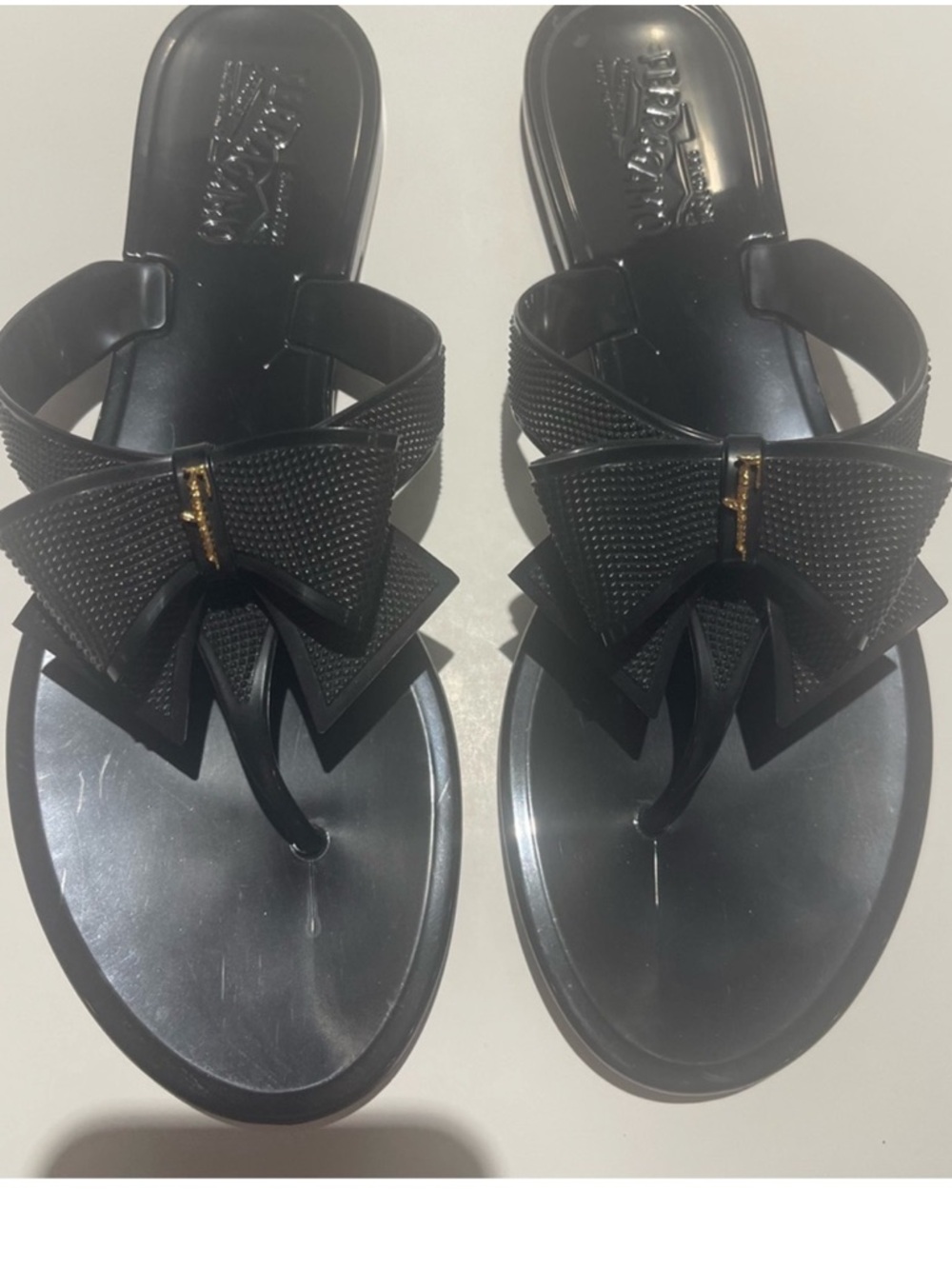 Salvatore Ferragamo Black Bow Jelly Thong Sandals with Gold Logo Accent - Picture 4 of 13